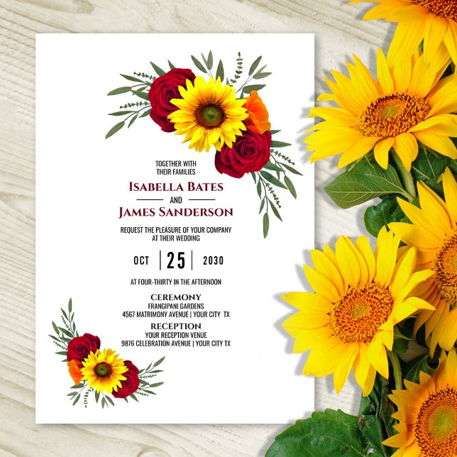 Invitation Elegant Sunflower Burgundy Rose Wedding Reception (Créateur téléchargé)