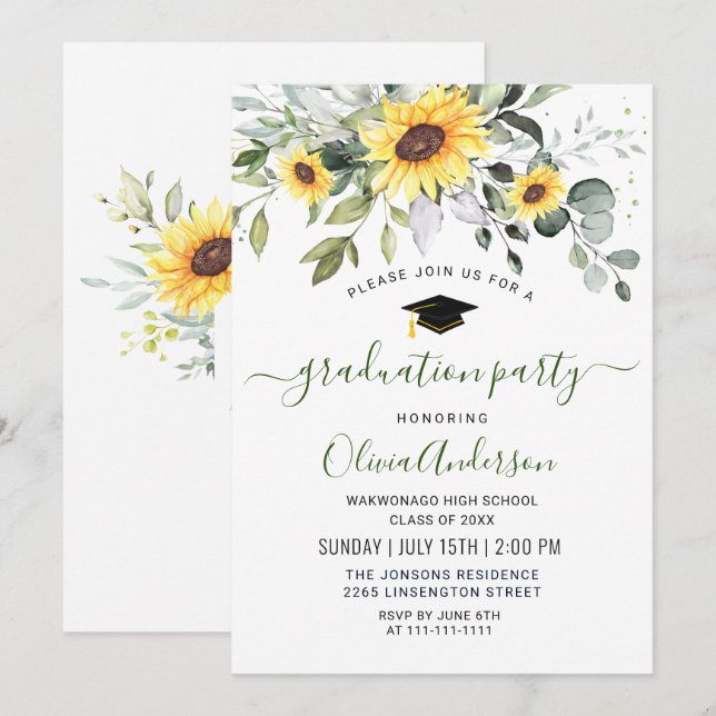 Invitation Élégant Sunflower Eucalyptus Graduation Party (Devant / Derrière)
