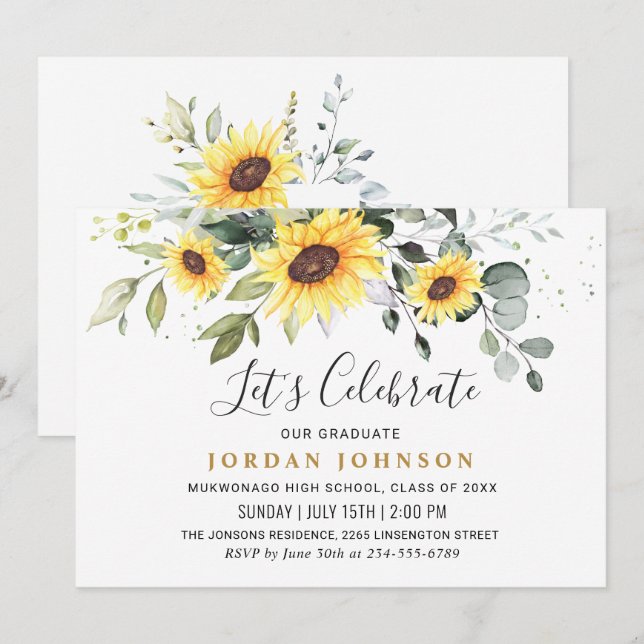 Invitation Élégant Sunflower Eucalyptus Graduation Party (Devant / Derrière)