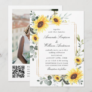 Invitation Elégant Sunflower Eucalyptus Mariage Photo Code QR