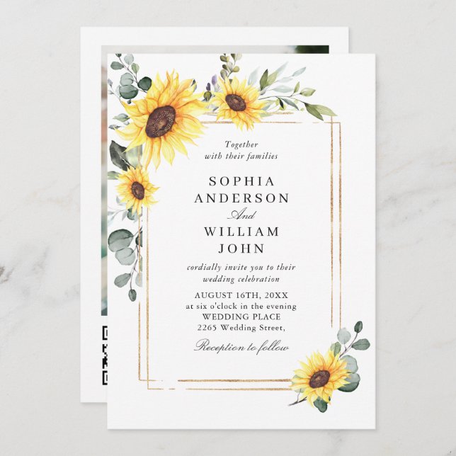 Invitation Elégant Sunflower Eucalyptus Mariage Photo Code QR (Devant / Derrière)