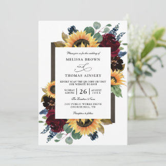 Invitation Elegant Sunflower Rustic Budget QR Code Wedding