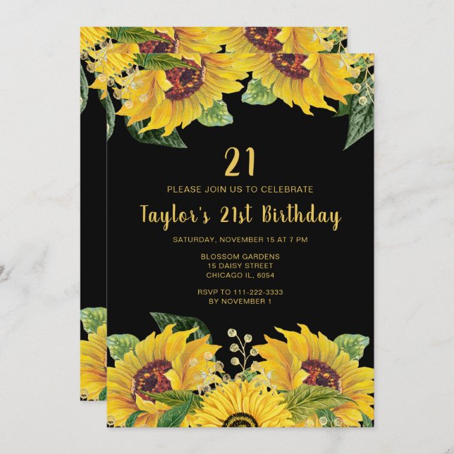 Invitation Elegant Sunflowers and Foliage Birthday Party (Devant / Derrière)