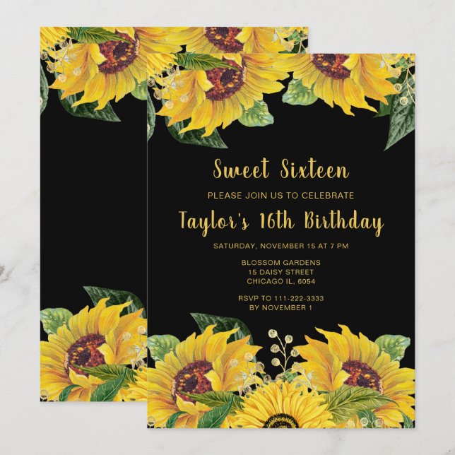 Invitation Elegant Sunflowers and Foliage Sweet Sixteen (Devant / Derrière)