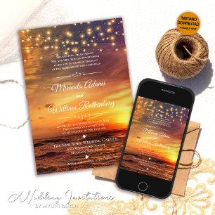 Invitation Elégant Sunset Beach String Lights Mariage été