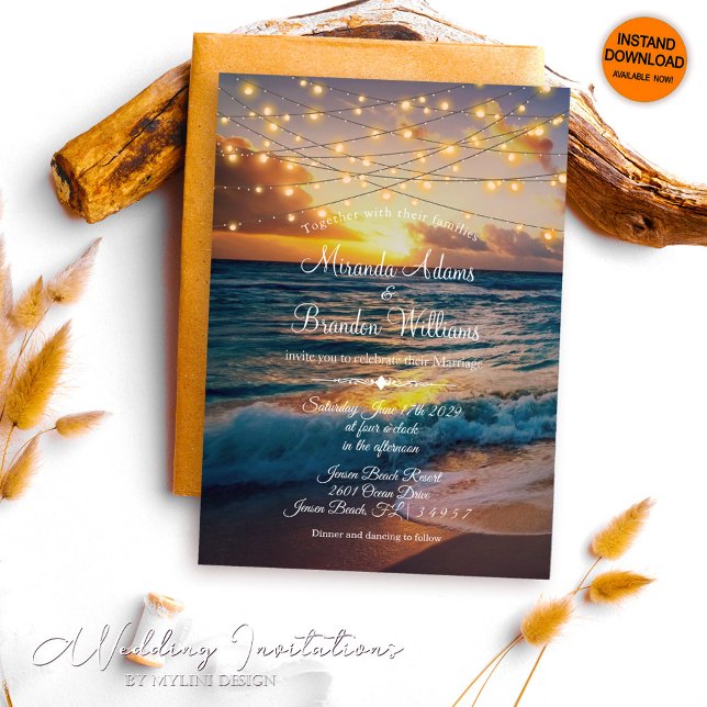 Invitation Elégant Sunset Beach String Lights Mariage été (Créateur téléchargé)