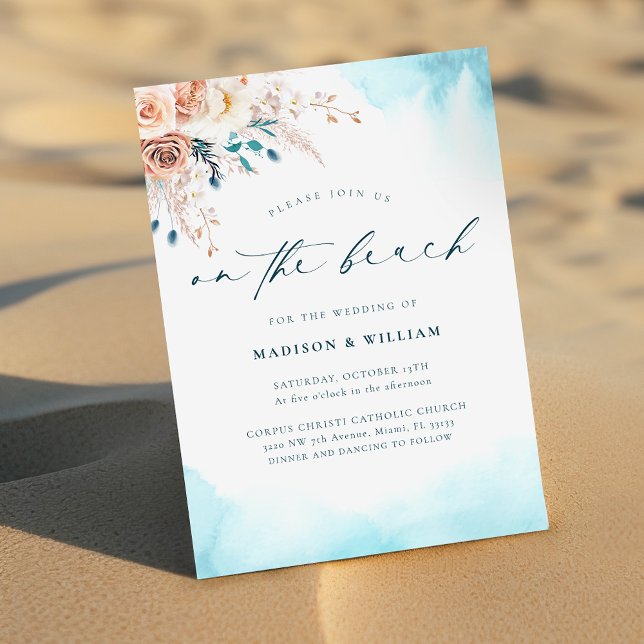 Invitation Elégant Sur la plage Bleu Aquarelle Mariage (Créateur téléchargé)