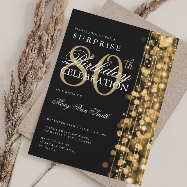 Invitation Elégant Surprise 80e Anniversaire Sparkles Gold (Elegant Surprise 80th Birthday Sparkles Gold Invitation)