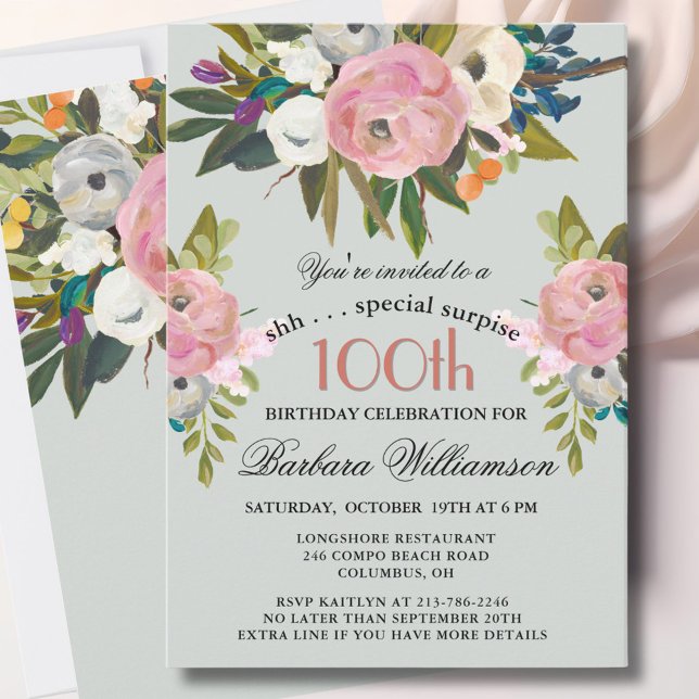 Invitation Elegant SURPRISE Handpainted 100th Birthday Party  (Créateur téléchargé)