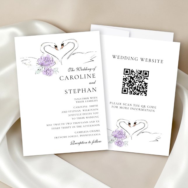 Invitation Elegant Swan Floral Watercolor Wedding Website QR  (Créateur téléchargé)
