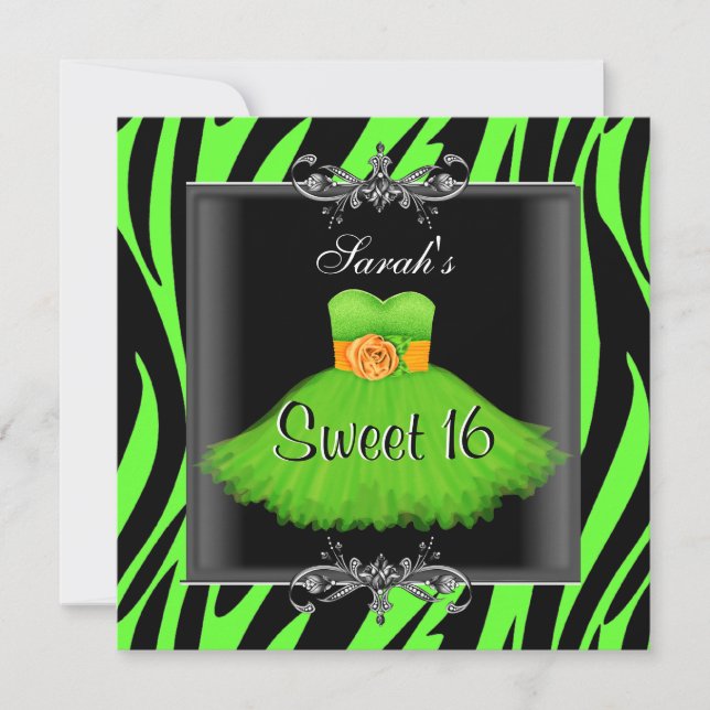 Invitation Élégant Sweet 16 Anniversaire Lime Zebra Robe Noir (Devant)