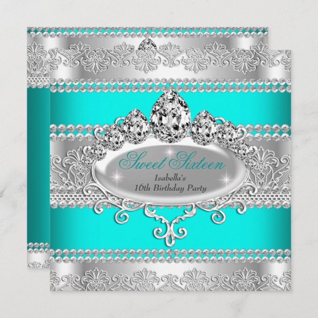 Invitation Élégant Sweet 16 Anniversaire Princesse Turquoise  (Devant / Derrière)