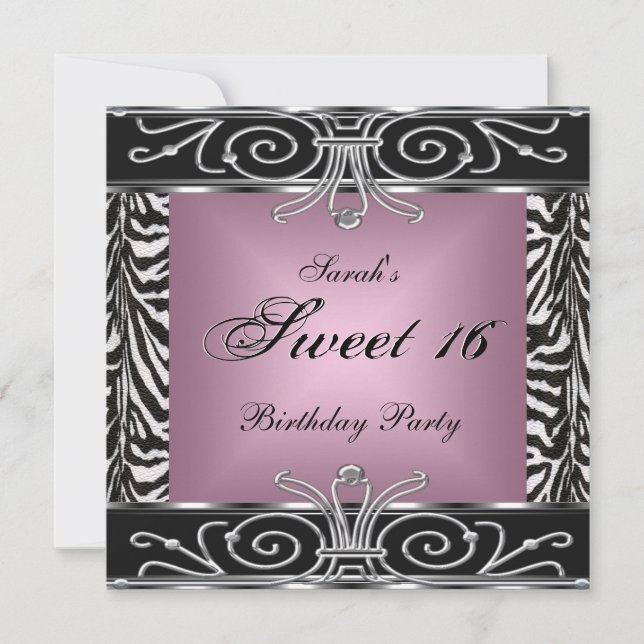 Invitation Elégant Sweet 16 Anniversaire rose Zebra Noir Arge (Devant)