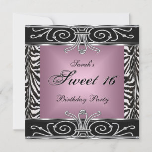 Invitation Elégant Sweet 16 Anniversaire rose Zebra Noir Arge