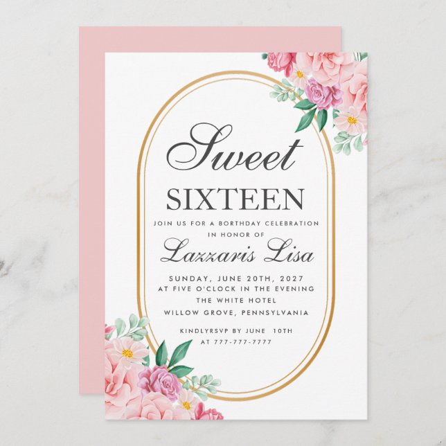 Invitation Élégant Sweet 16 Aquarelle rose Floral Anniversair (Devant / Derrière)