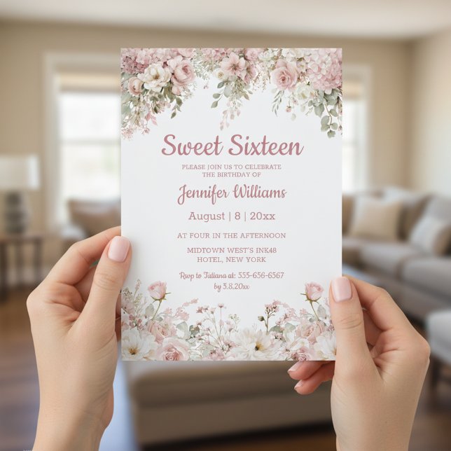 Invitation elegant sweet 16 birthday watercolor pink floral  (Créateur téléchargé)