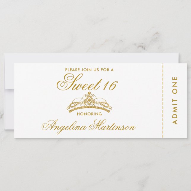 Invitation Élégant Sweet 16 Gold et White Ticket (Devant)