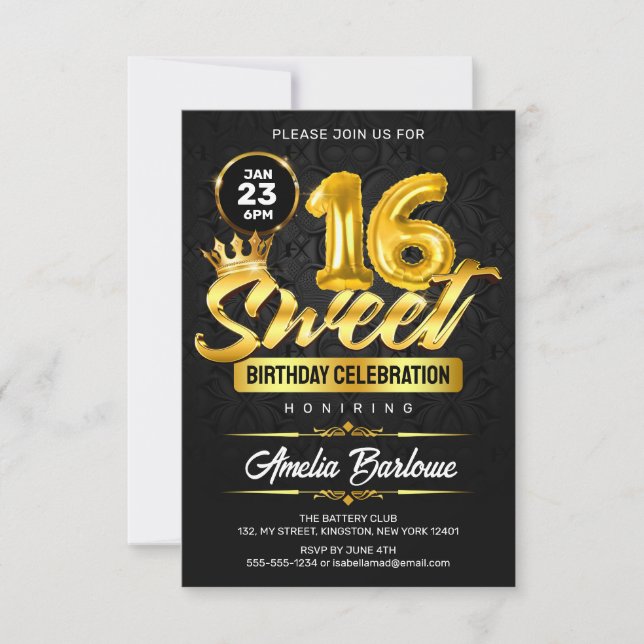 Invitation Élégant Sweet 16 Noir et Or Premium (Devant)