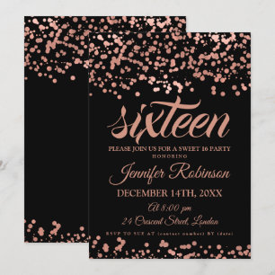 Invitation Elégant Sweet 16 Rose Gold & Black Foil Confetti