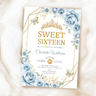 Invitation Élégant Sweet 16 Roses Bleu Bébé Or