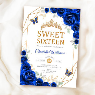 Invitation Élégant Sweet 16 Roses Bleu Royal Or