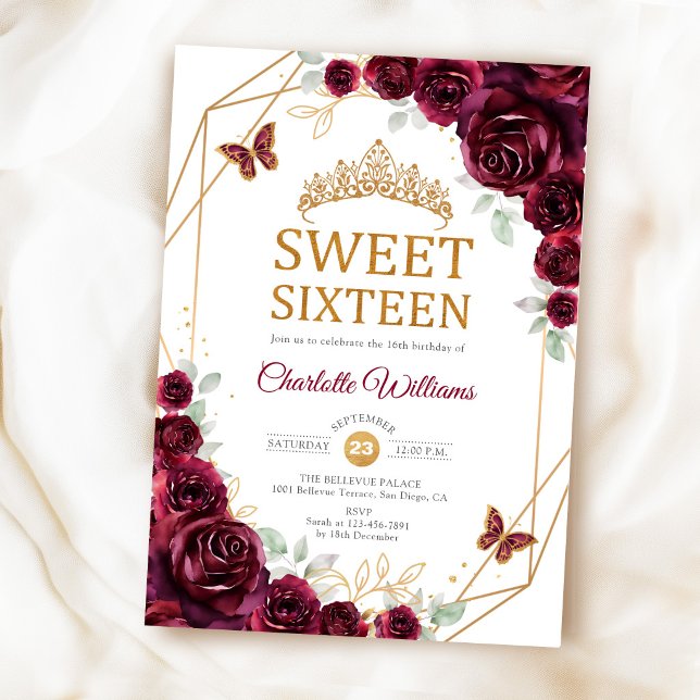 Invitation Élégant Sweet 16 Roses Bourguignon Or (Créateur téléchargé)