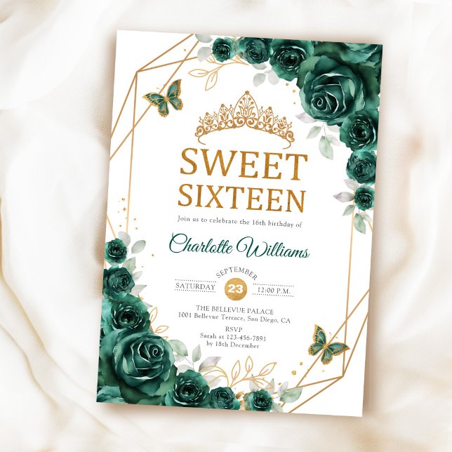 Invitation Élégant Sweet 16 Roses Émeraude Vert Or (Créateur téléchargé)