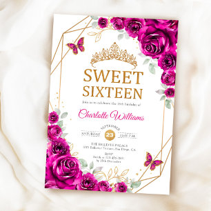 Invitation Élégant Sweet 16 Roses Fuchsia Rose Doré