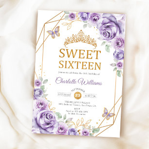 Invitation Élégant Sweet 16 Roses Lilas Violettes Or