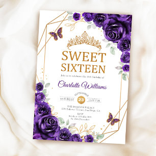 Invitation Élégant Sweet 16 Roses Violettes Or