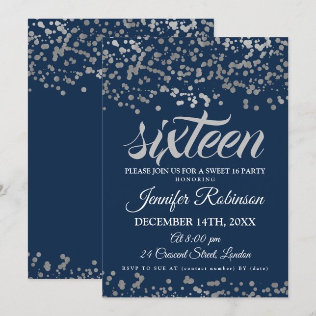 Invitation Elégant Sweet 16 Silver & Navy Foil Confetti (Devant / Derrière)
