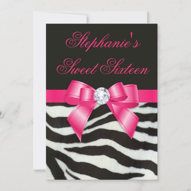 Invitation Élégant Sweet 16 Zebra Stripes Hot Pink Bow (Devant)