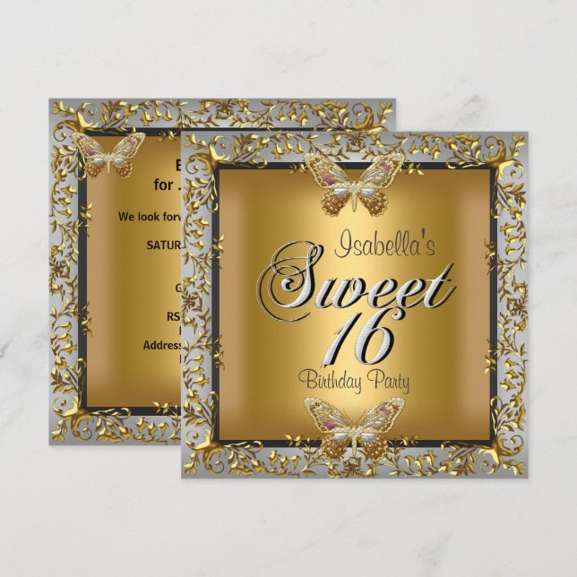 Invitation Elégant Sweet Seize 16 Papillon Doré (Devant / Derrière)
