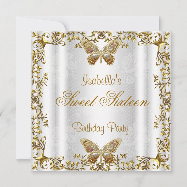 Invitation Élégant Sweet Seize 16 Papillon Or Blanc 2 (Devant)