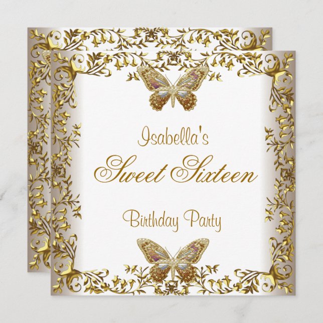 Invitation Élégant Sweet sixteen 16 Papillon blanc Or (Devant / Derrière)