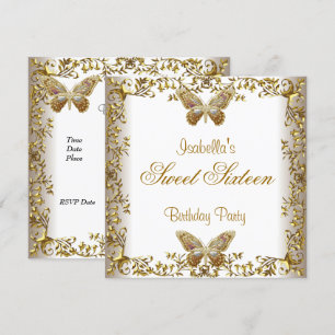 Invitation Élégant Sweet sixteen 16 Papillon blanc Or