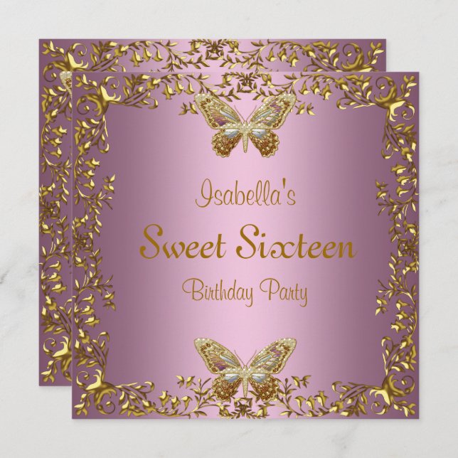 Invitation Elégant Sweet sixteen Anniversaire Pink Gold Papil (Devant / Derrière)