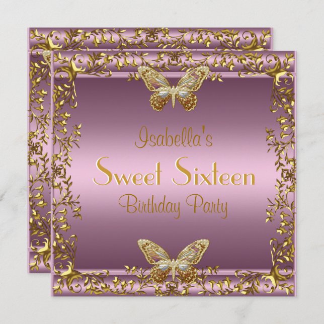 Invitation Elégant Sweet sixteen Anniversaire Pink Gold Papil (Devant / Derrière)