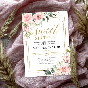 Invitation Élégant sweet sixteen boho rose rose floral or