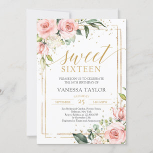 Invitation Élégant sweet sixteen boho rose rose floral or