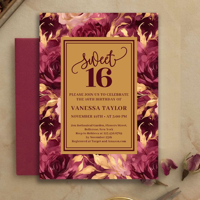 Invitation Elegant Sweet Sixteen Burgundy Blush Gold Invite (blush burgundy gold flowers roses,
boho watercolor deep red romantic,
burgundy blush sweet sixteen i)