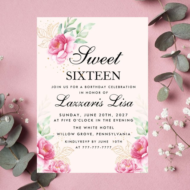 Invitation Elégant Sweet sixteen d'anniversaire Floral & Gold (Créateur téléchargé)