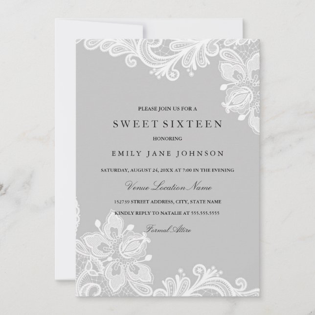 Invitation Elégant Sweet sixteen de dentelle gris blanc Invit (Devant)