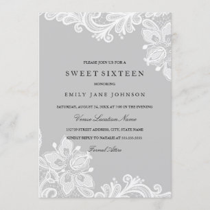 Invitation Elégant Sweet sixteen de dentelle gris blanc Invit