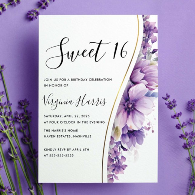 Invitation Élégant Sweet sixteen de feuillage violet 16 Anniv (Créateur téléchargé)