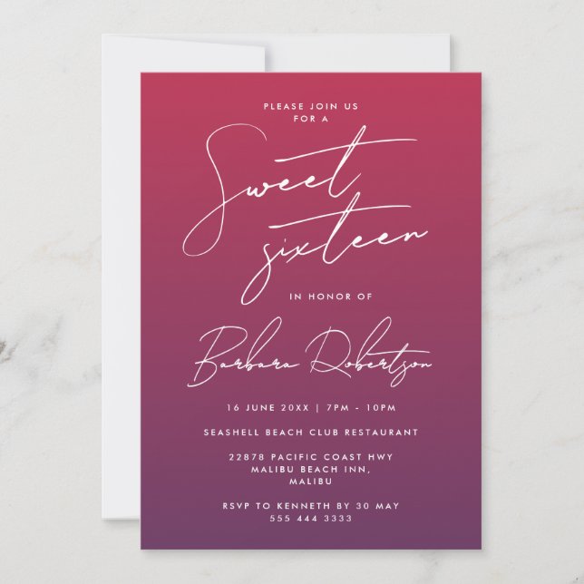 Invitation Élégant Sweet sixteen de script Ombre violet (Devant)