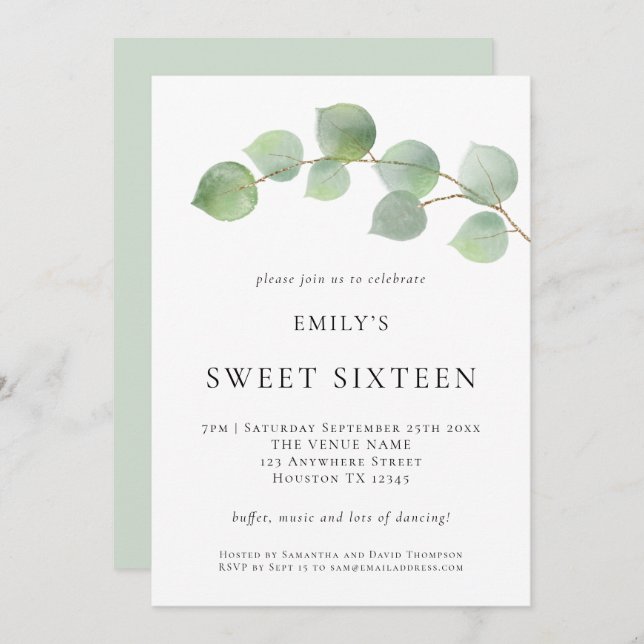 Invitation Elégant Sweet sixteen Eucalyptus Anniversaire (Devant / Derrière)