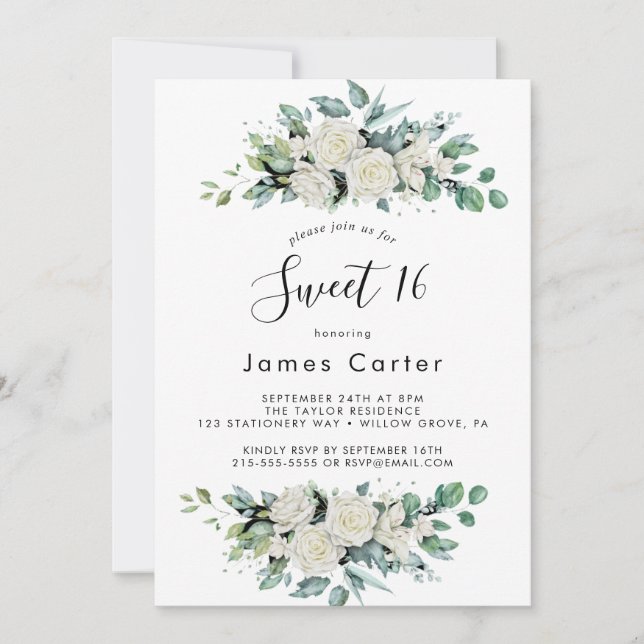 Invitation Elégant Sweet sixteen Floral Blanc Anniversaire (Devant)