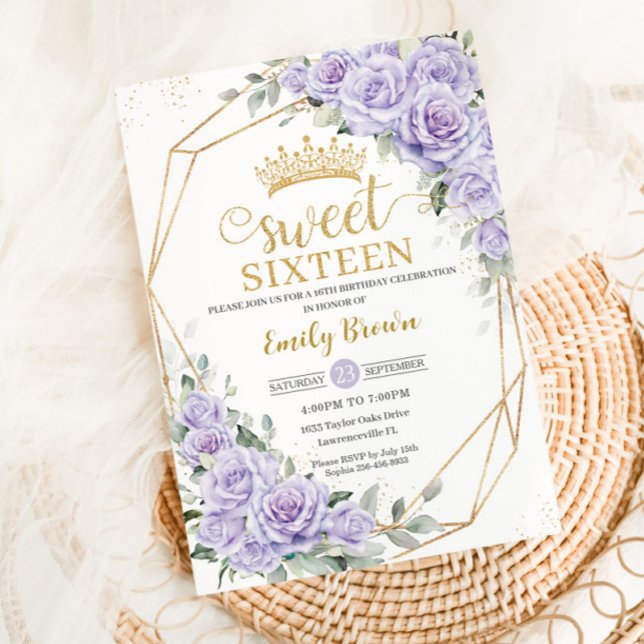 Invitation Élégant Sweet sixteen Floral de lavande violette 1 (Créateur téléchargé)