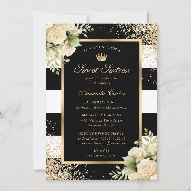 Invitation Elégant Sweet sixteen Floral d'or noir (Devant)